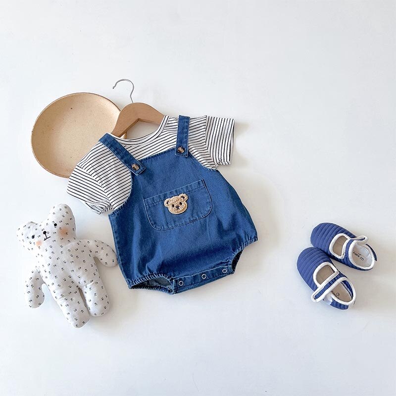 2022 Summer Baby Newborn Clothing Set Toddler Girls Striped Tee and Denim Bodysuits Boys Suits Clothes
